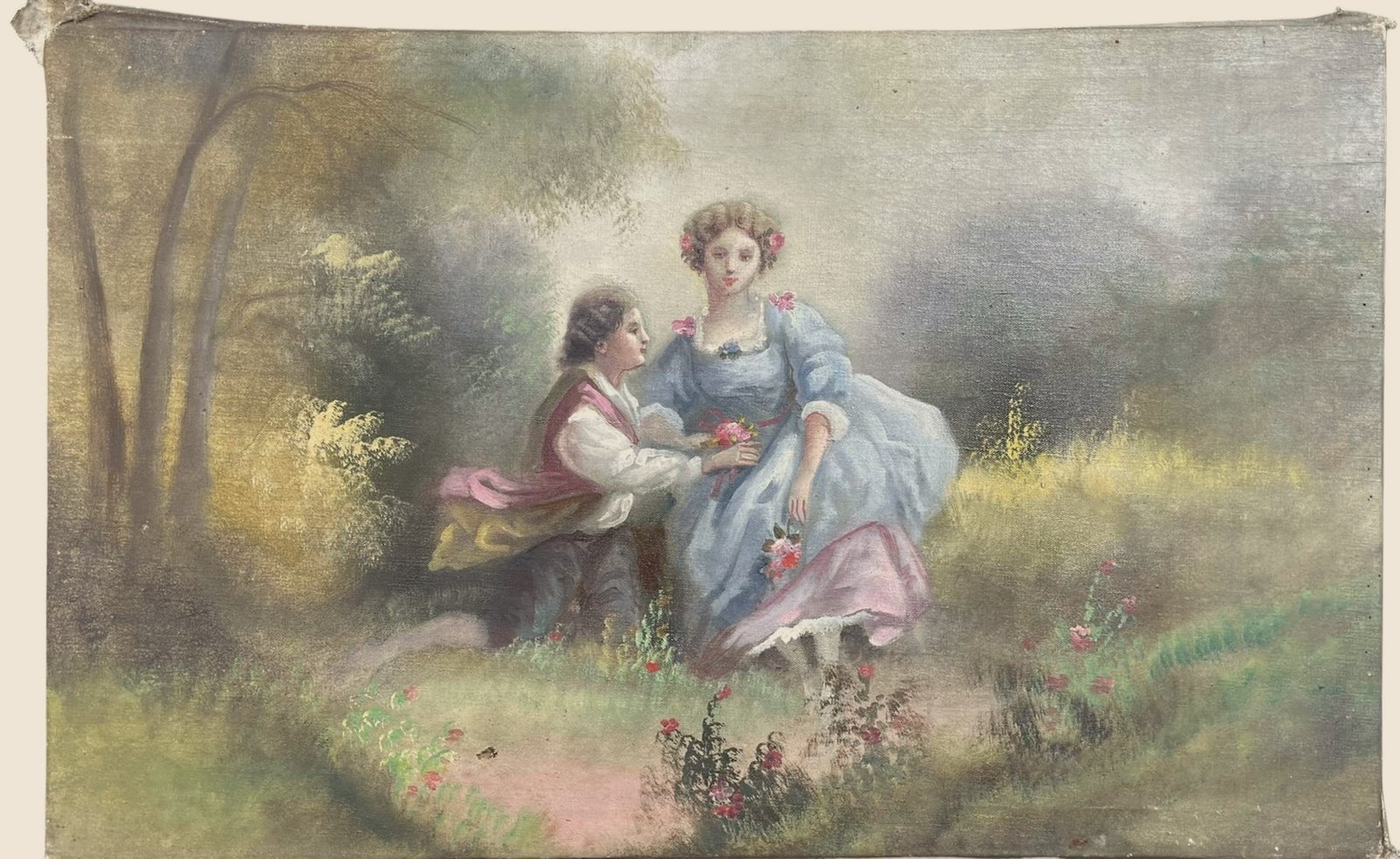 Antique Oil Painting, Romantic Couple in Garden 